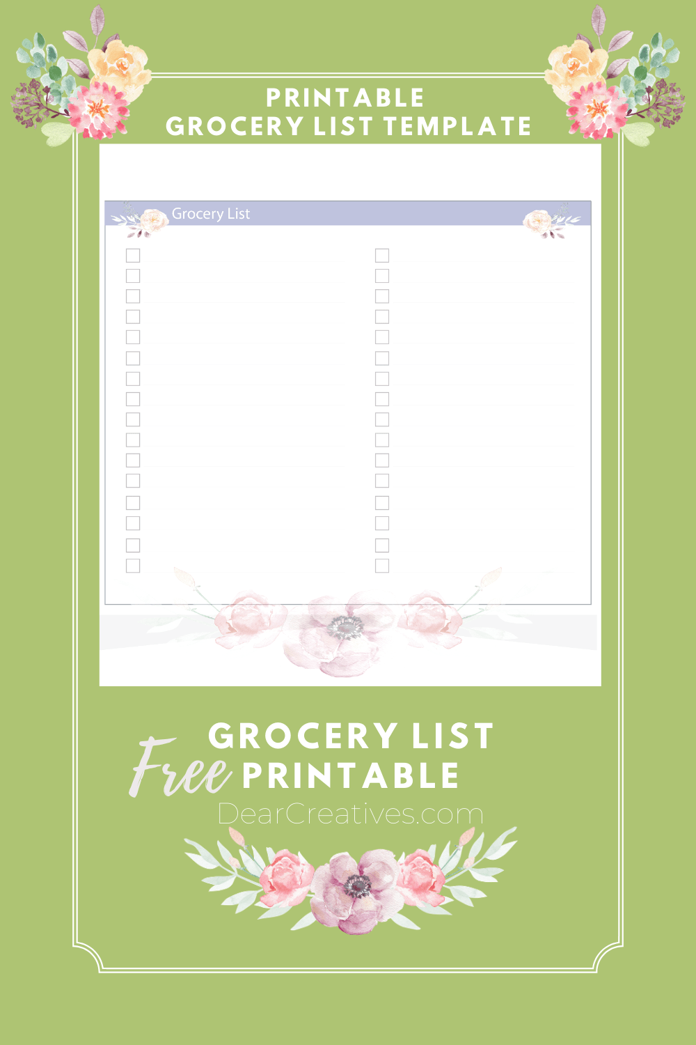 Printable Grocery List Template - Printable Grocery List - Print this grocery list cut to use when making your shopping list for groceries! DearCreatives.com