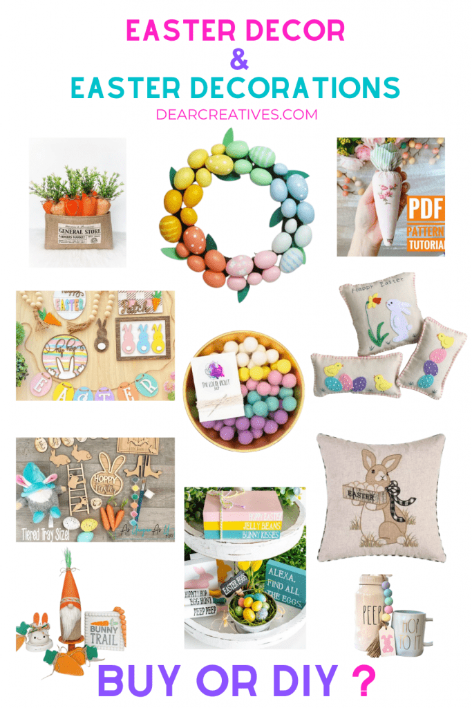 Easter Decor and Easter Decorations to buy and DIY. Easter pillows, Easter egg wreath, fabric carrots, Easter gnome, Easter pillows pom pom garland, Easter Tiered shelf decor... Which would you do_ Either way these are the cutest ideas for decorating for spring and Easter! Find all the ideas for spring and Easter at DearCreatives.com