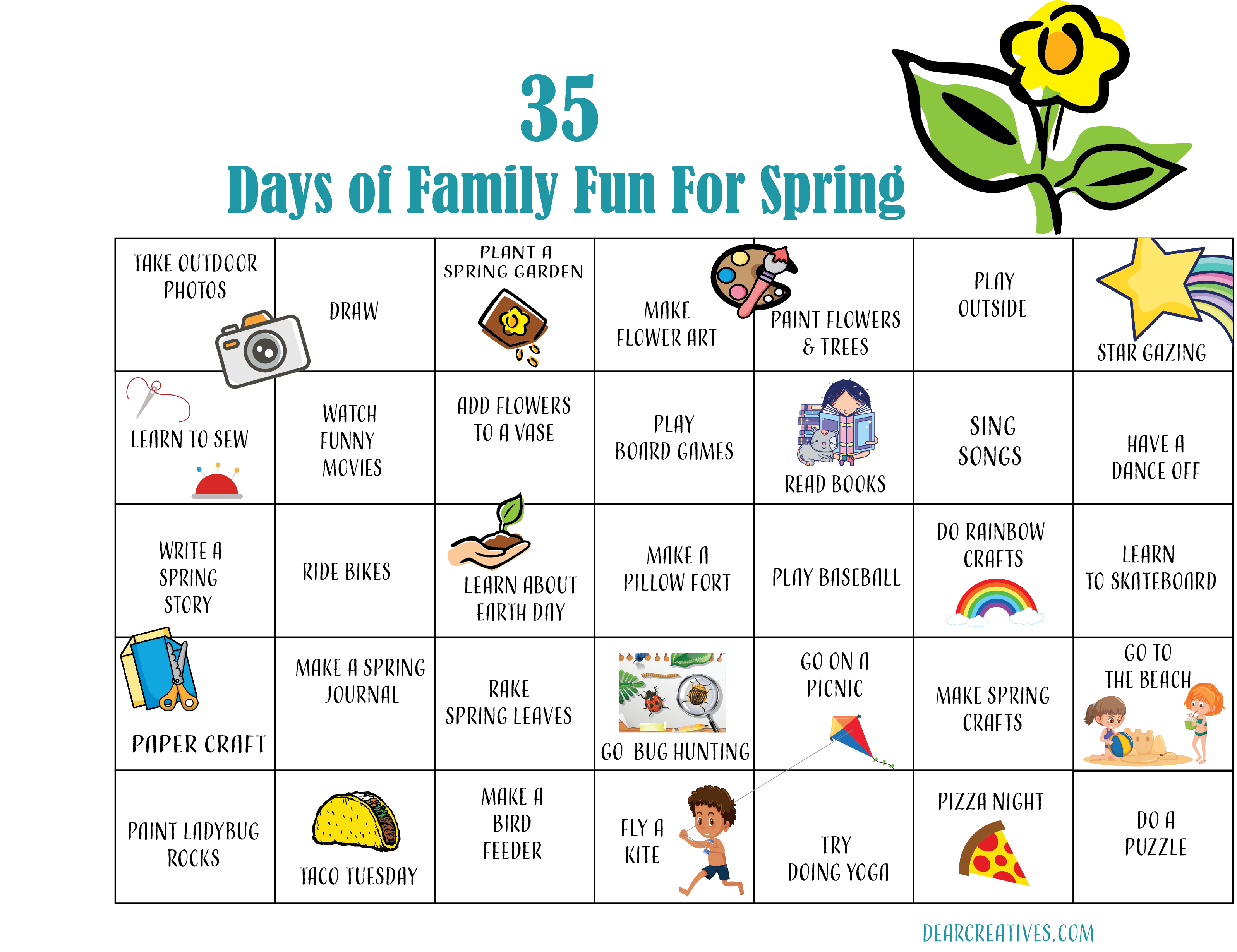 Spring Activity Calendar-A bucket list of spring activities. Fun stuff for the whole family to do in the spring. DearCreatives.com