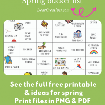 This spring activity calendar is so cute! Print the spring bucket list and have fun doing all the ideas! Find this free printable and more. DearCreatives.com
