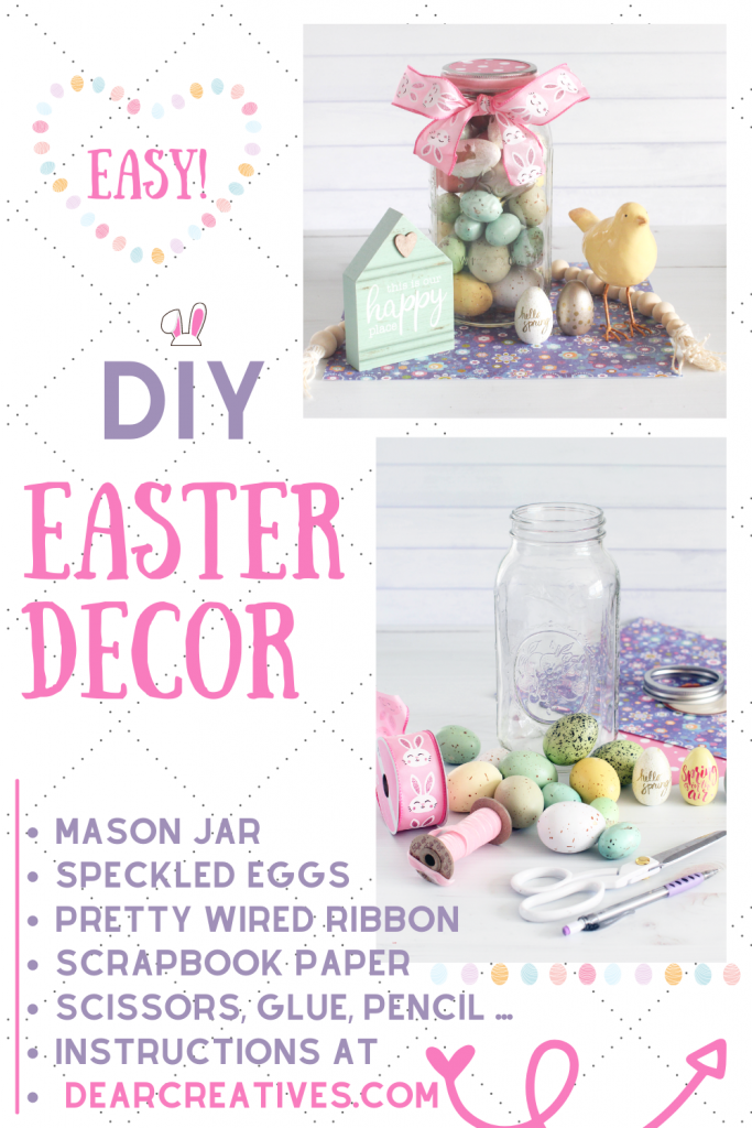 DIY Easter Decor - Use speckled eggs, decoupaged eggs, wired ribbon, and a mason jar... Spring Craft _ DIY at DearCreatives.com
