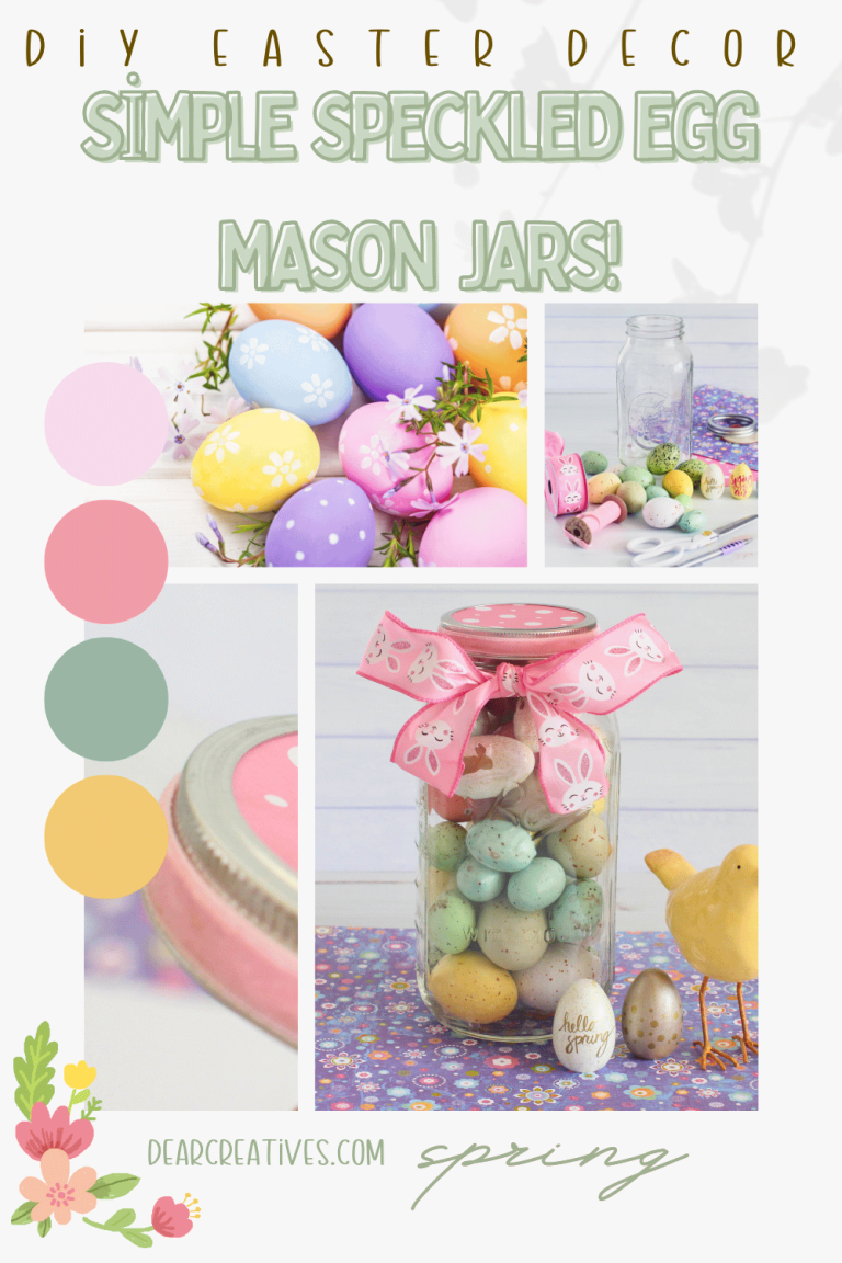 DIY Easter decor supplies including speckled eggs, spring flowers, and a decorated mason jar with pink velvet ribbon for a spring craft project.