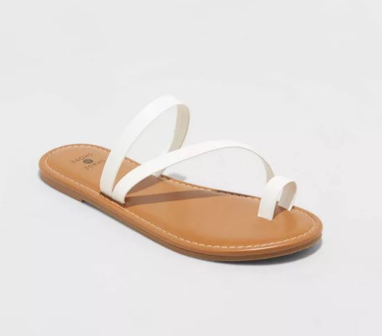 white asymmetrical sandals with toe ring and skinny straps