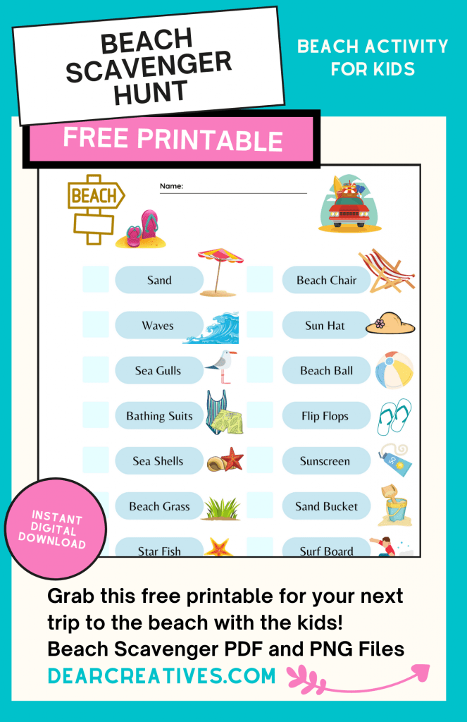 Beach Scavenger Hunt Printable - Beach Activity For Kids - Print the printable in PDF or PNG format and take it with you for a fun kids activity at the beach! DearCreatives.com