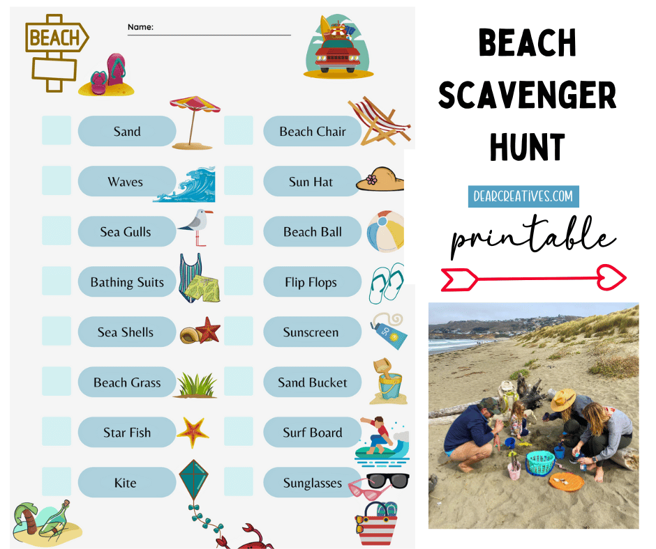 Beach Scavenger Hunt Printable for kids with a family searching for seashells at the beach. Free checklist to keep kids engaged and exploring nature.