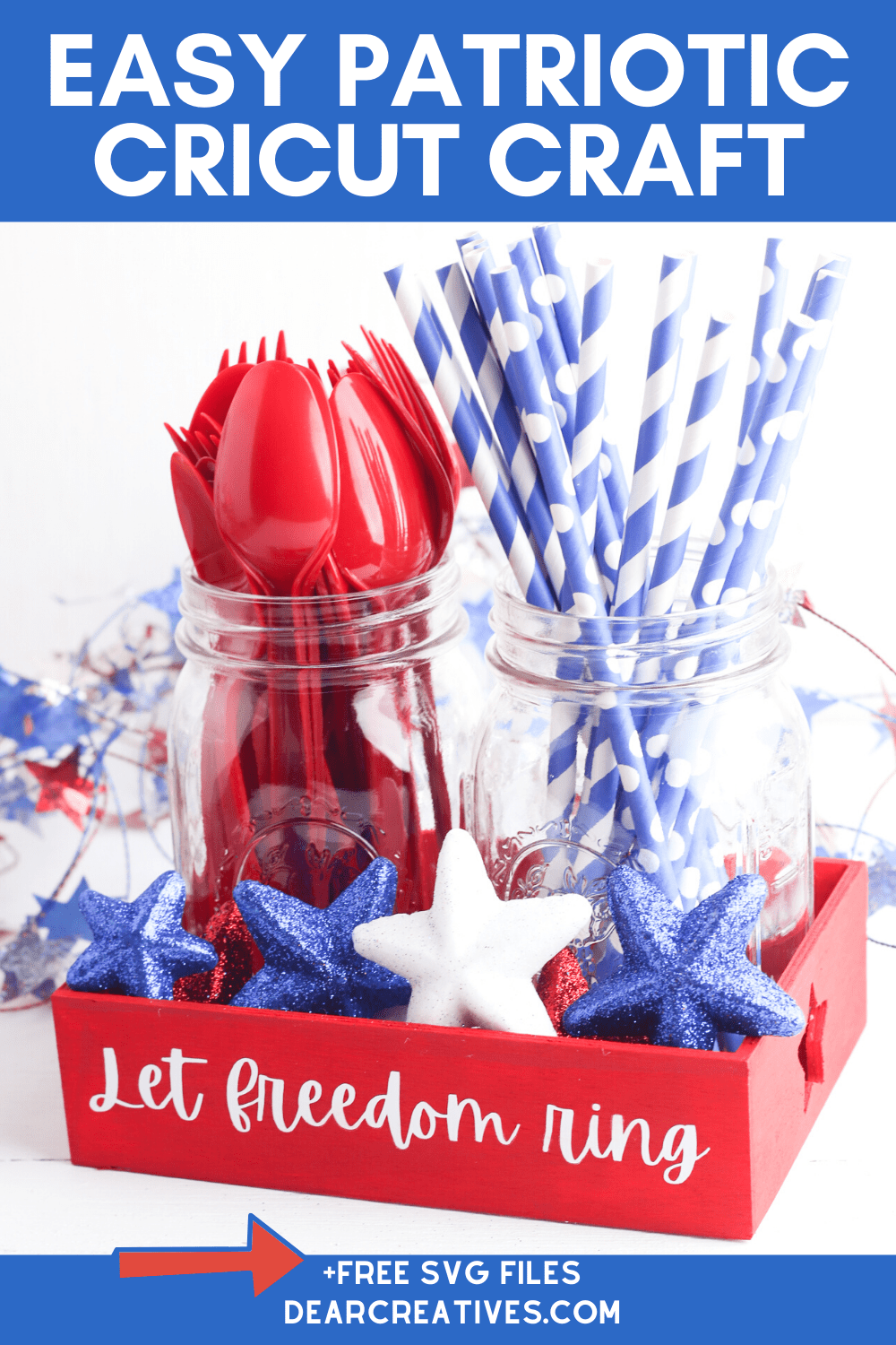 DIY Patriotic Decorations - Paint a tray and add vinyl cut with a cricut to make this cute red, white and blue decor. DearCreatives.com