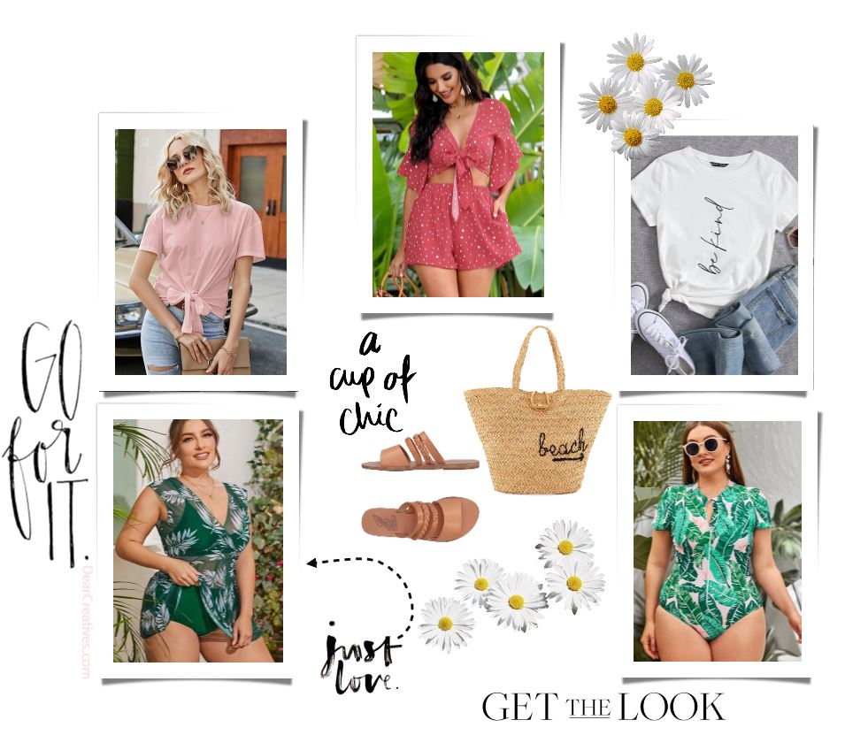 Spring Summer Trends For Women - cute short sets, tie front t-shirt with knot, jeans and t-shirts, swimwear - one and two piece swimsuits, beach bag, sandals...Get the Looks and see more outfit ideas for spring and summer. DearCreatives.com