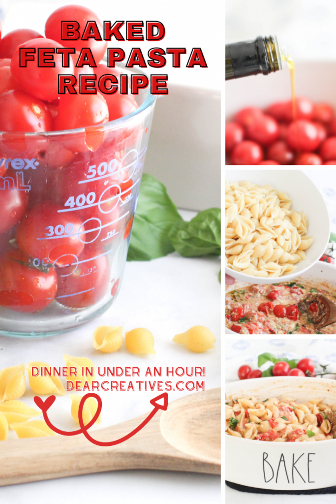 Baked Feta Pasta Recipe - baked feta pasta with cherry tomatoes is easy to make in the oven, add cooked pasta noodles and stir. Make this fresh, tasty and easy dinner. DearCreatives.com 