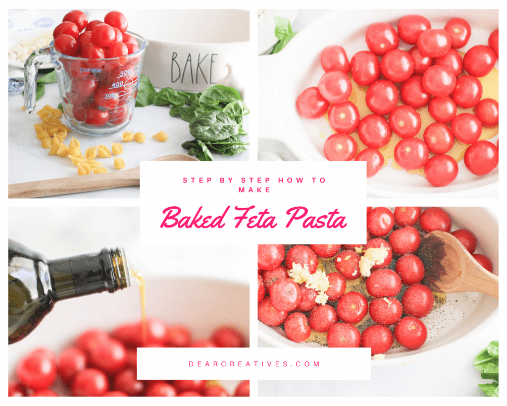 Step by step how to make baked feta pasta - using fresh cherry tomatoes drizzle extra virgin olive oil over the tomatoes, add crushed garlic... print the recipe at DearCreatives.com