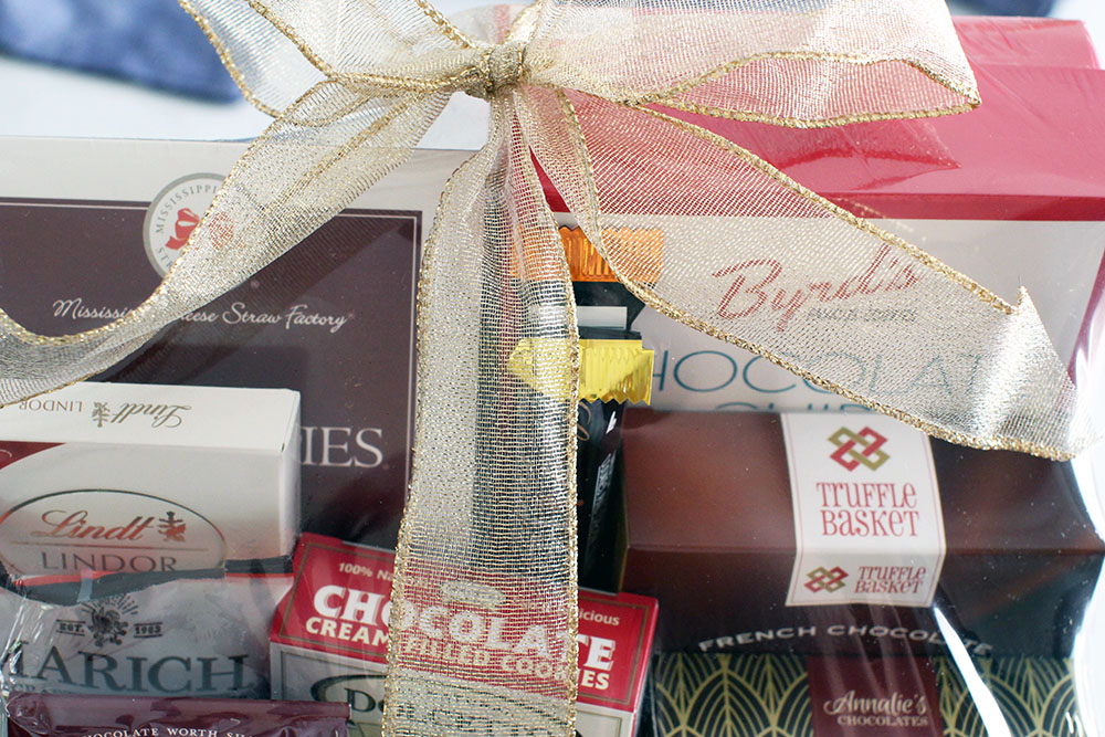 Close up of a gift basket with chocolate from Gourmet Gift Baskets - See more gift basket ideas and gift basket images... at © DearCreatives.com