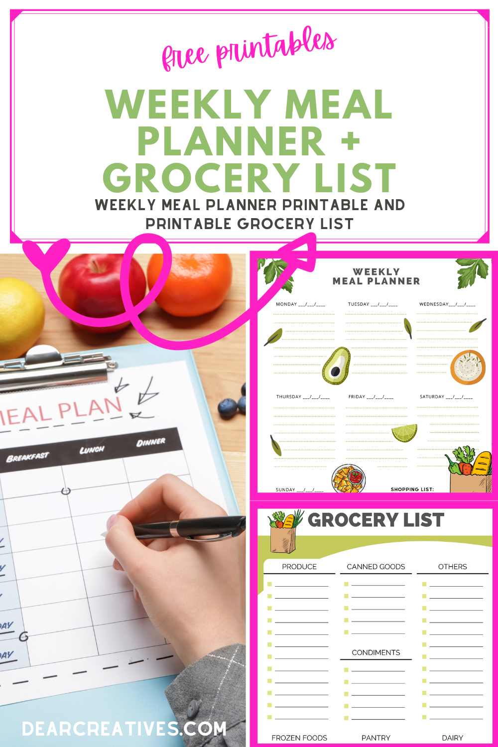 Printable Meal Planner - Weekly Meal Planner and Printable Grocery List -DearCreatives.com