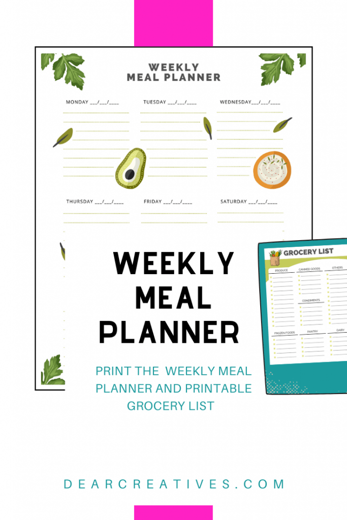 Weekly Meal Planner Printable and Printable Grocery List - DearCreatives.com