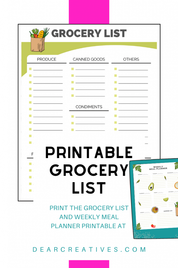 weekly meal planner grocery list dear creatives