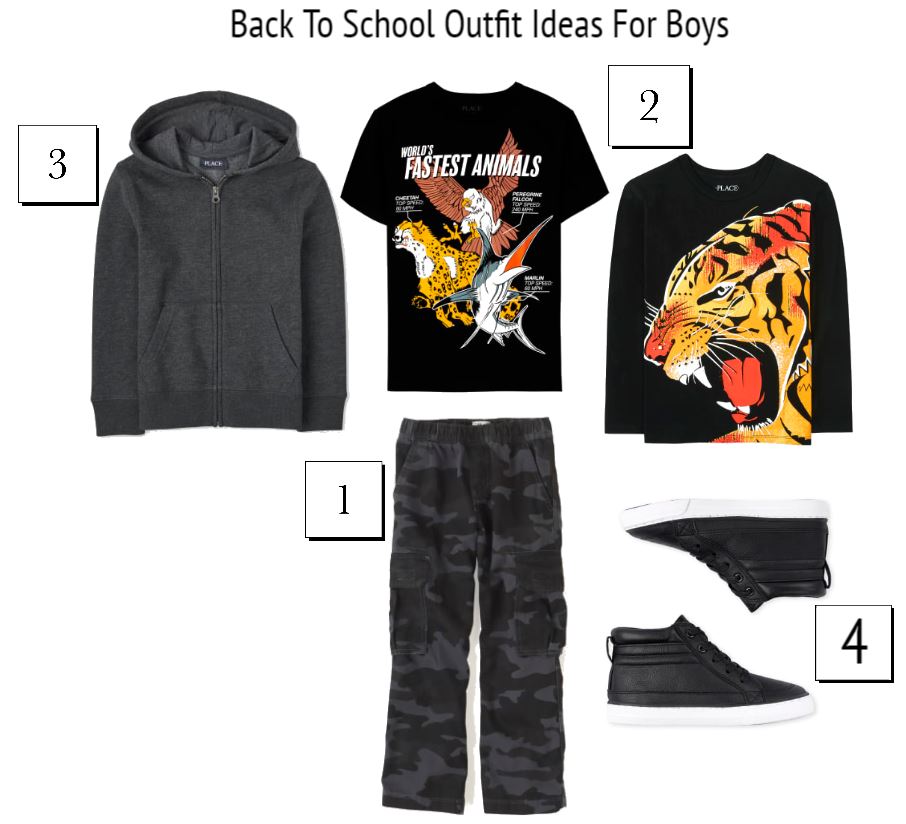 Back To School Outfits For Boys - Zip up hoodies for boys, graphic tee shirts for boys, sneakers for boys, camo pants for boys... DearCreatives.com