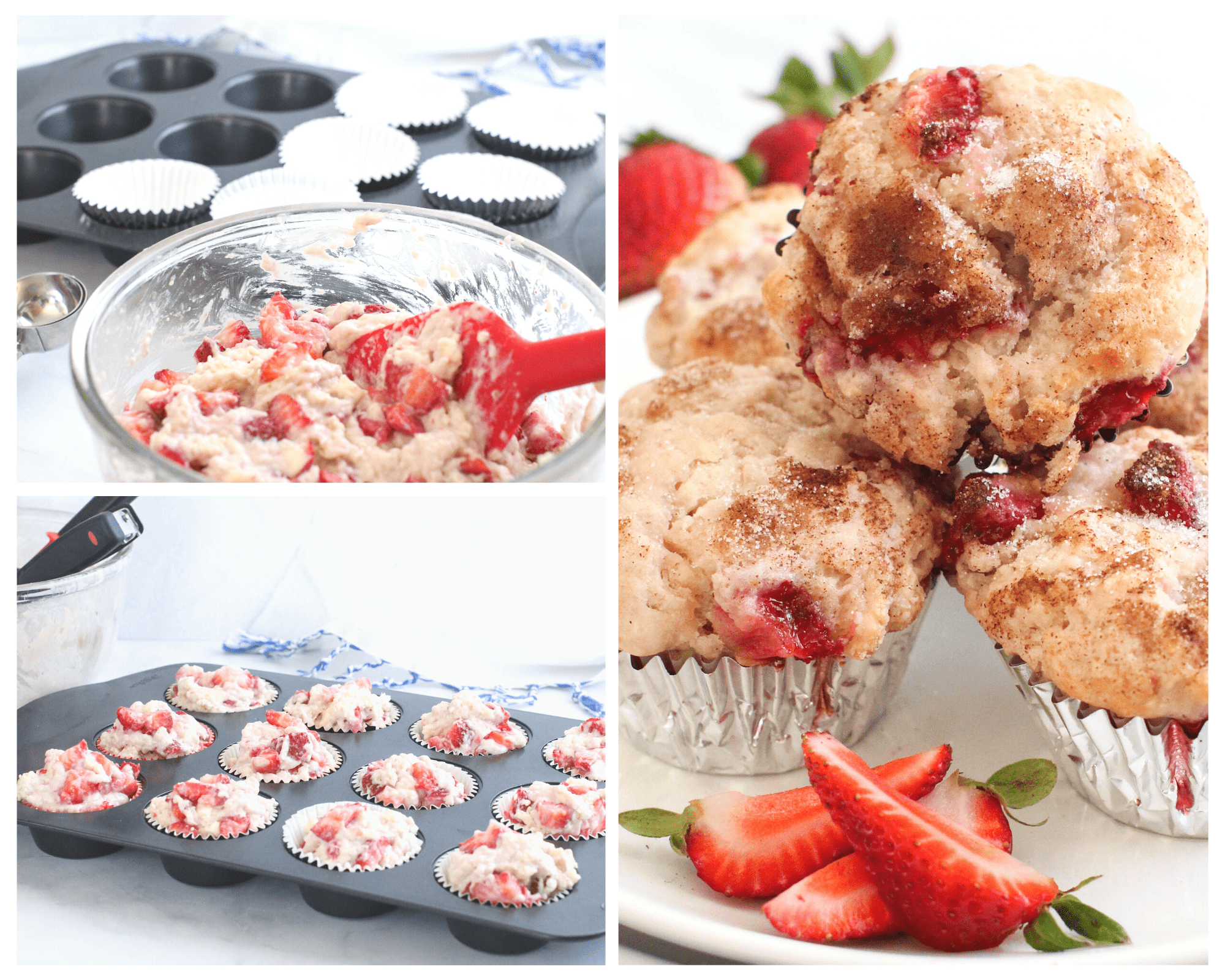 Adding the muffin liners to the pan. Adding the batter to the lined muffin baking pan, baked strawberry muffins. Recipe at at DearCreatives.com