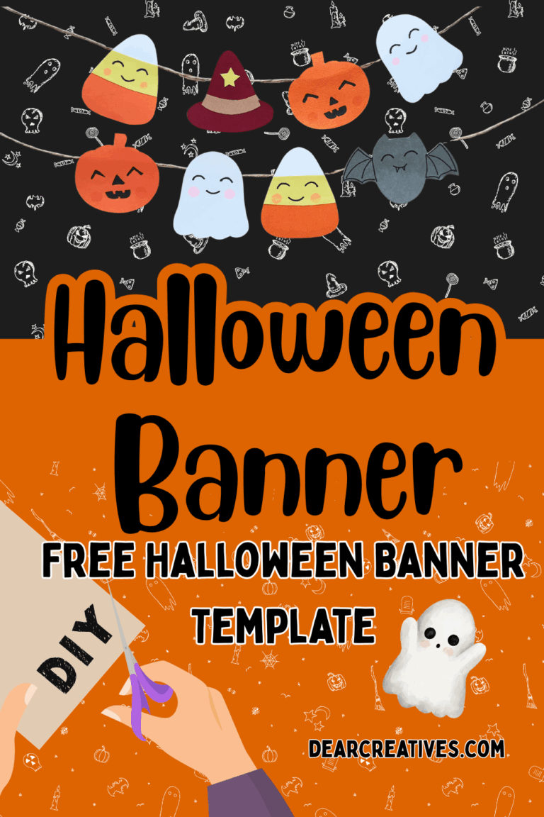 An image of a finished DIY Halloween banner with paper shapes of a candy corn, witch hat, pumpkin, ghost, and bat strung together with string.