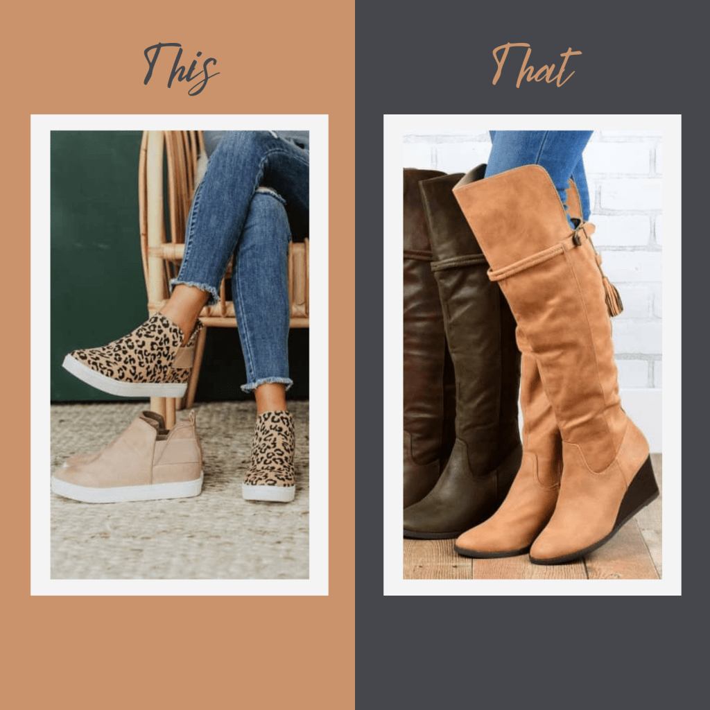 Boots or wedge sneakers for fall. This or that ideas for what to wear this fall. (fall women's clothes) DearCreatives.com