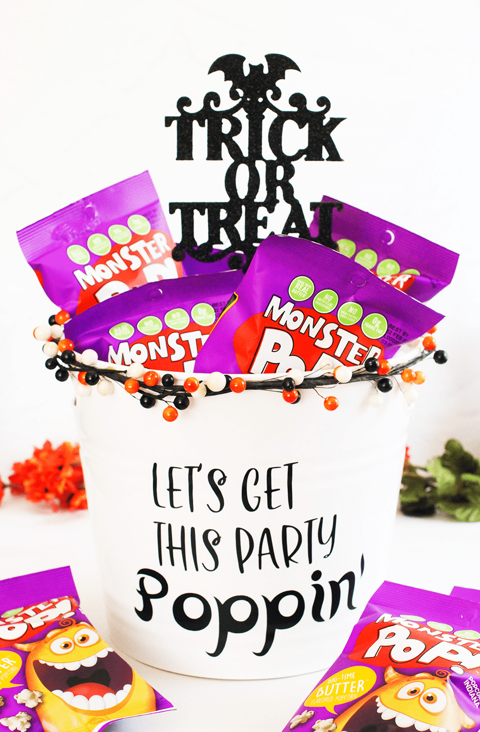 Halloween Party Bucket Filled With Monster Pop popcorn - For Monster Themed Parties and Halloween Parties. DIY...Find out more at © DearCreatives.com
