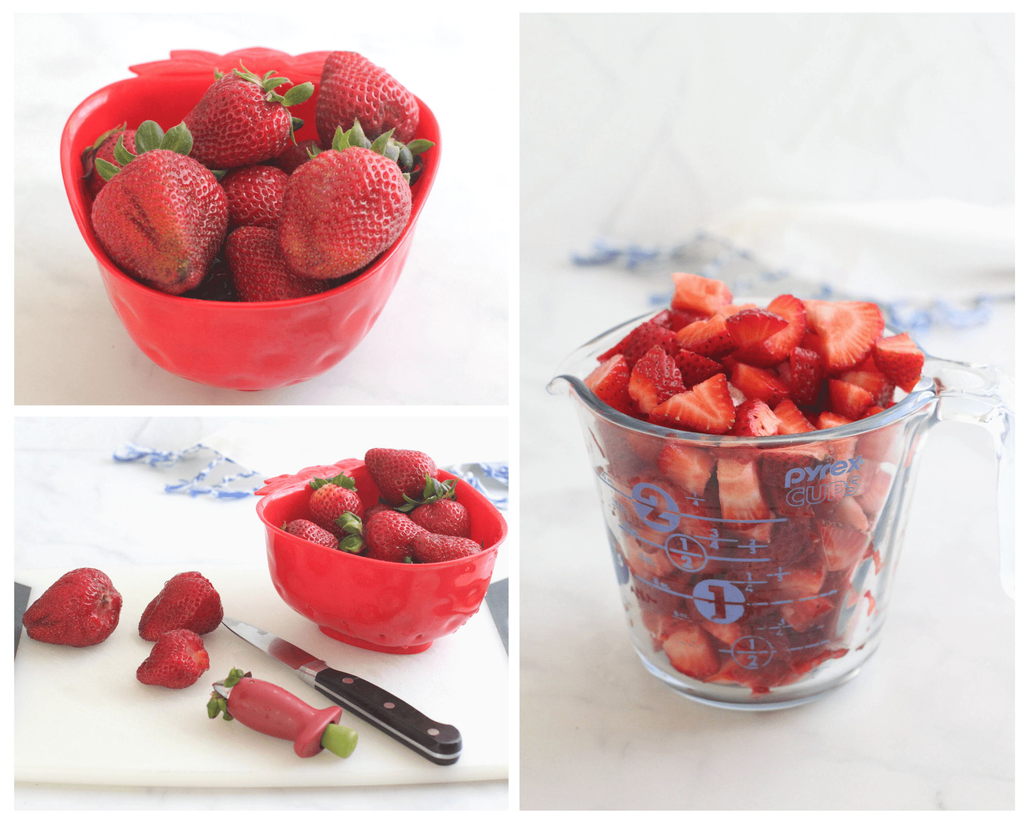 Preparing fresh strawberries to make muffins. - Recipe for strawberry muffins at DearCreatives.com