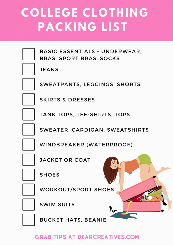 Printable - college clothing packing list (for her). Grab the tips for packing for clothes for college and get the free printable at DearCreatives.com