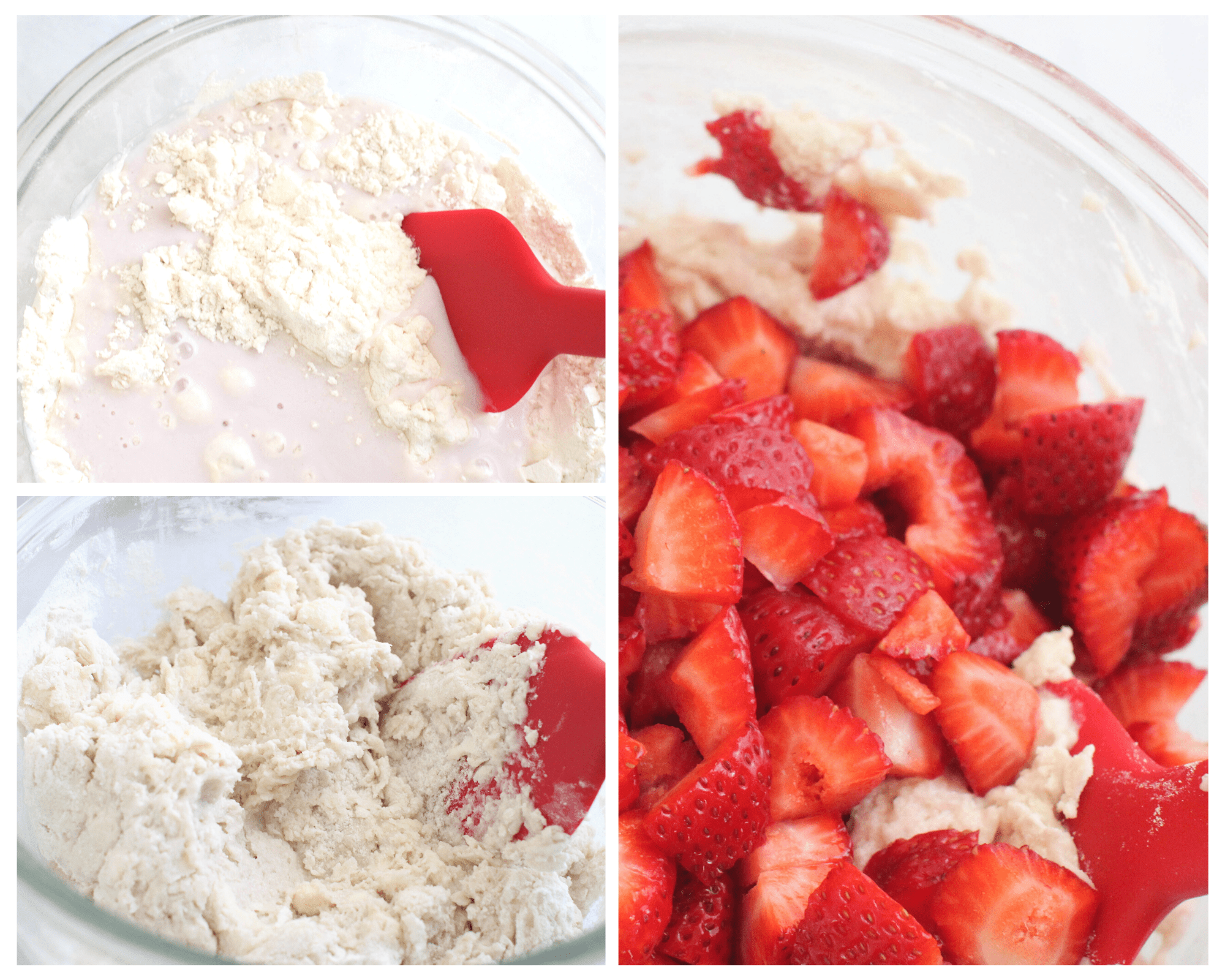 Stirring the milk into the flour to make the muffin batter. Then fold in the strawberries... Strawberry muffins recipe at at DearCreatives.com