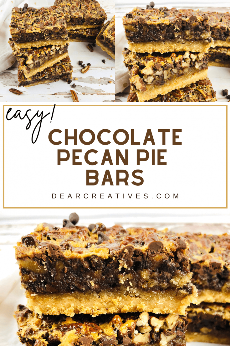 These Pecan bars are chocolatey, sweet and filled will pecans. Grab the Chocolate Pecan Pie Bars. It's so easy! DearCreatives.com