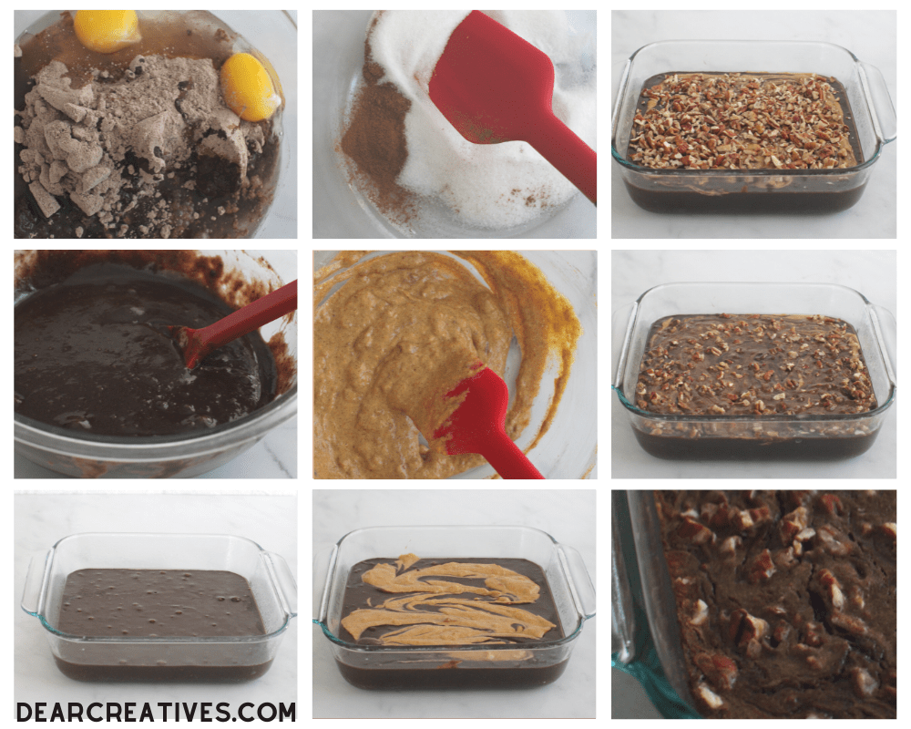 How to make pumpkin brownies - brownies, pumpkin swirl and chopped nuts -Easy recipe for pumpkin brownies - Print the recipe at DearCreatives.com