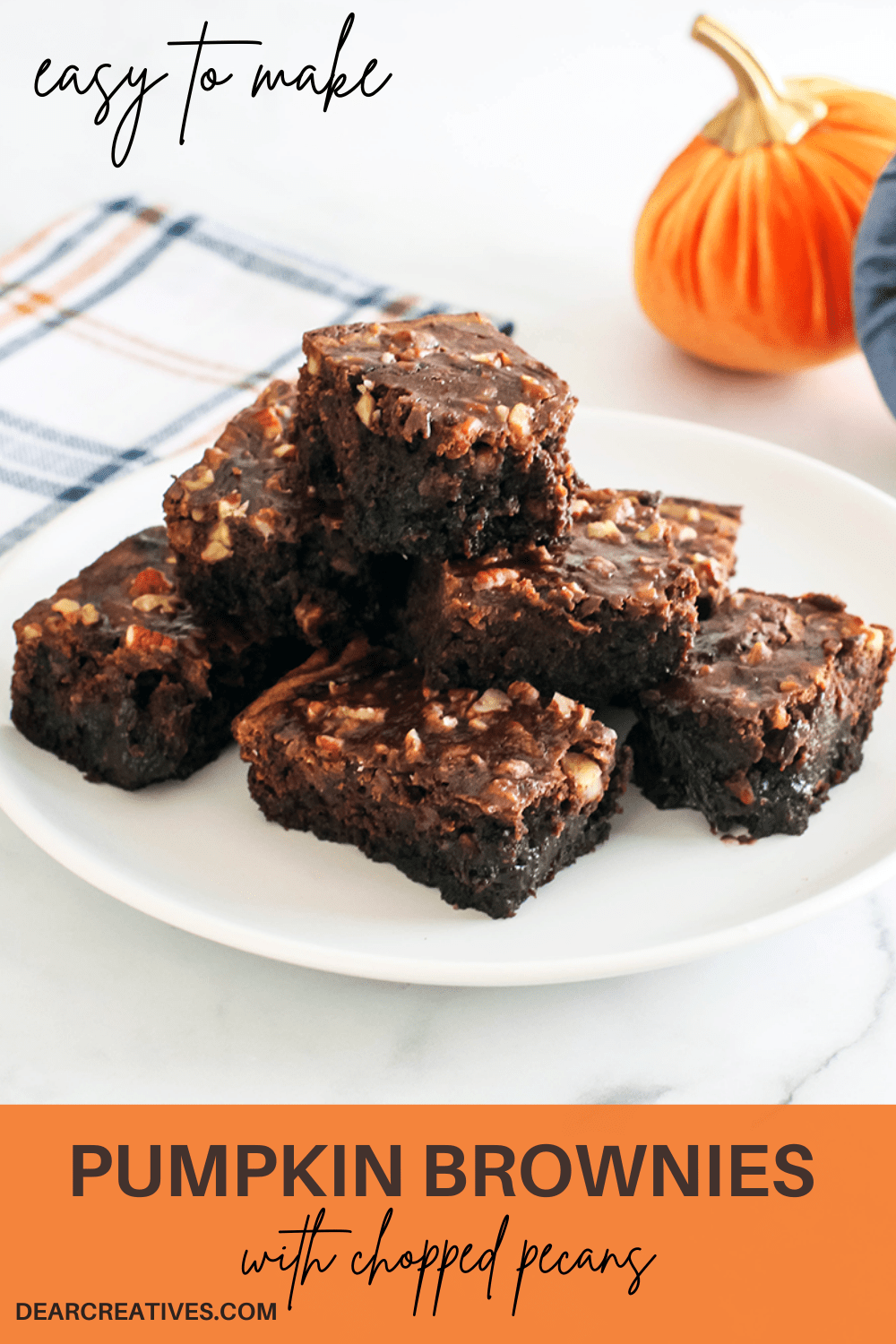 Pumpkin Brownies - Make this recipe for pumpkin brownies with or without Chopped Pecans - Delicious, fudgy and easy to make. Easy to elevate your brownie mix! DearCreatives.com