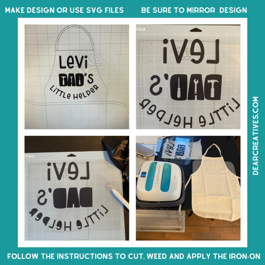 Step-by-Step how to use iron-on material for personalizing aprons. Full instructions to this Cricut craft at DearCreatives.com