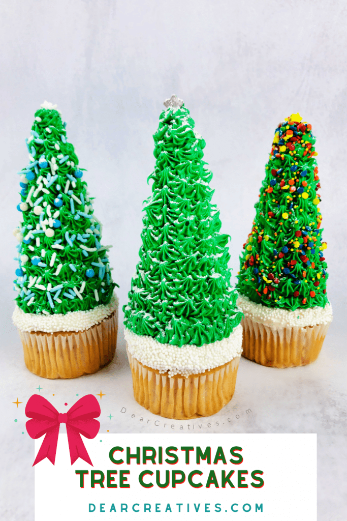 Christmas Tree Cupcakes - Christmas cupcakes decorated with Christmas trees. See how to make Christmas Tree Cupcakes, cupcakes decorated with sugar cones, frosting and sprinkles. Christmas Tree Cupcake Toppers. How-To Make Christmas Tree Cupcakes. DearCreatives.com