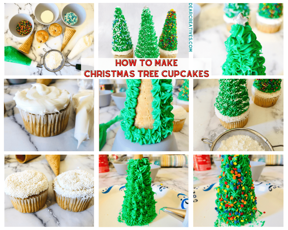 Christmas Tree Cupcakes - How To Make Christmas Tree Cupcakes With Ice Cream Cones, Frosting, and Sprinkles - Step-by-step instructions... DearCreatives.com