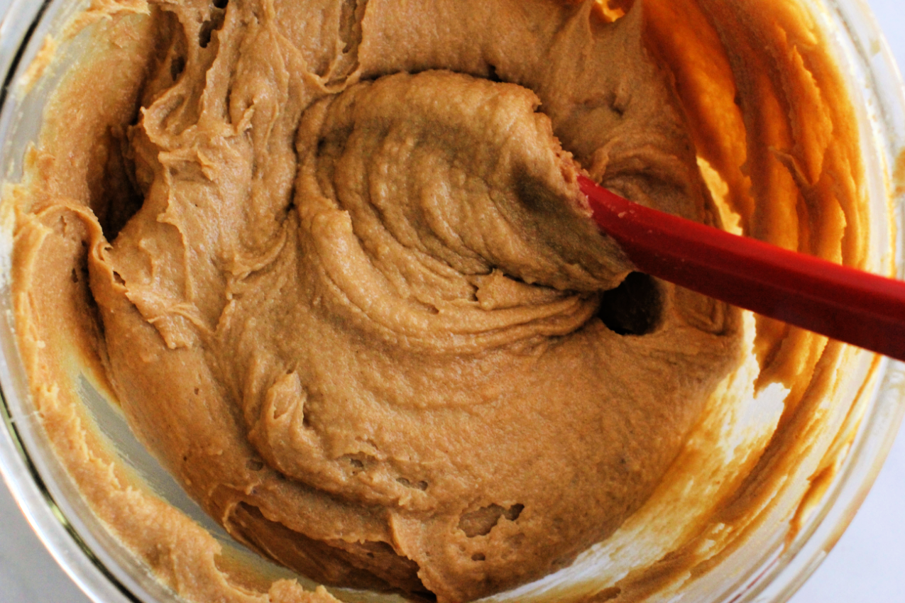 Creaming butter, peanut butter, sugar, brown sugar for peanut butter cookies -baking recipe at © DearCreatives.com