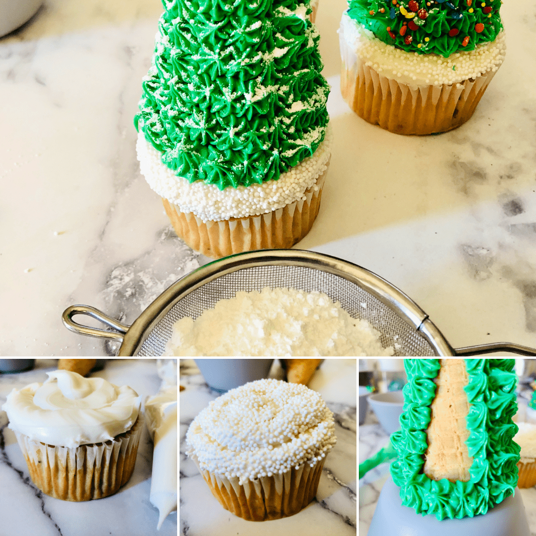 Decorate the cooled cupcakes with frosting, dip in sprinkles, decorate the sugar cone with green icing. Then add sprinkles or powdered sugar. How-to for making Christmas Tree Cupcake Toppers at DearCreatives.com