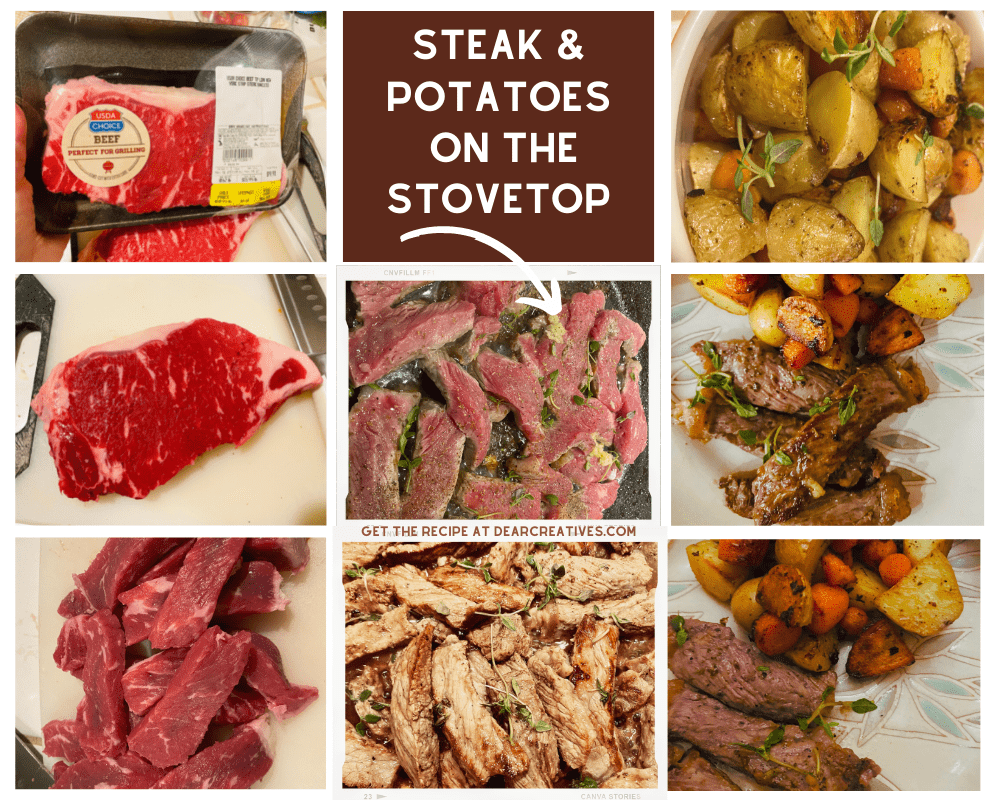 Strip Steak - Steak and potatoes cooked on the stovetop. Step by Step images and instructions - DearCreatives.com