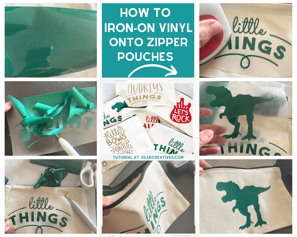 How to iron-on vinyl onto zipper pouches (canvas zipper pouches). Cricut Craft instructions at DearCreatives.com