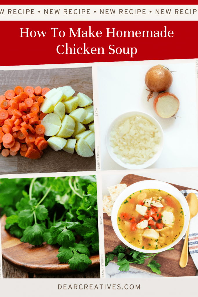 Chicken Soup Recipe!! Chopped carrots, potatoes, chopped onion, parsley, and bowl of chicken soup.  DearCreatives.com