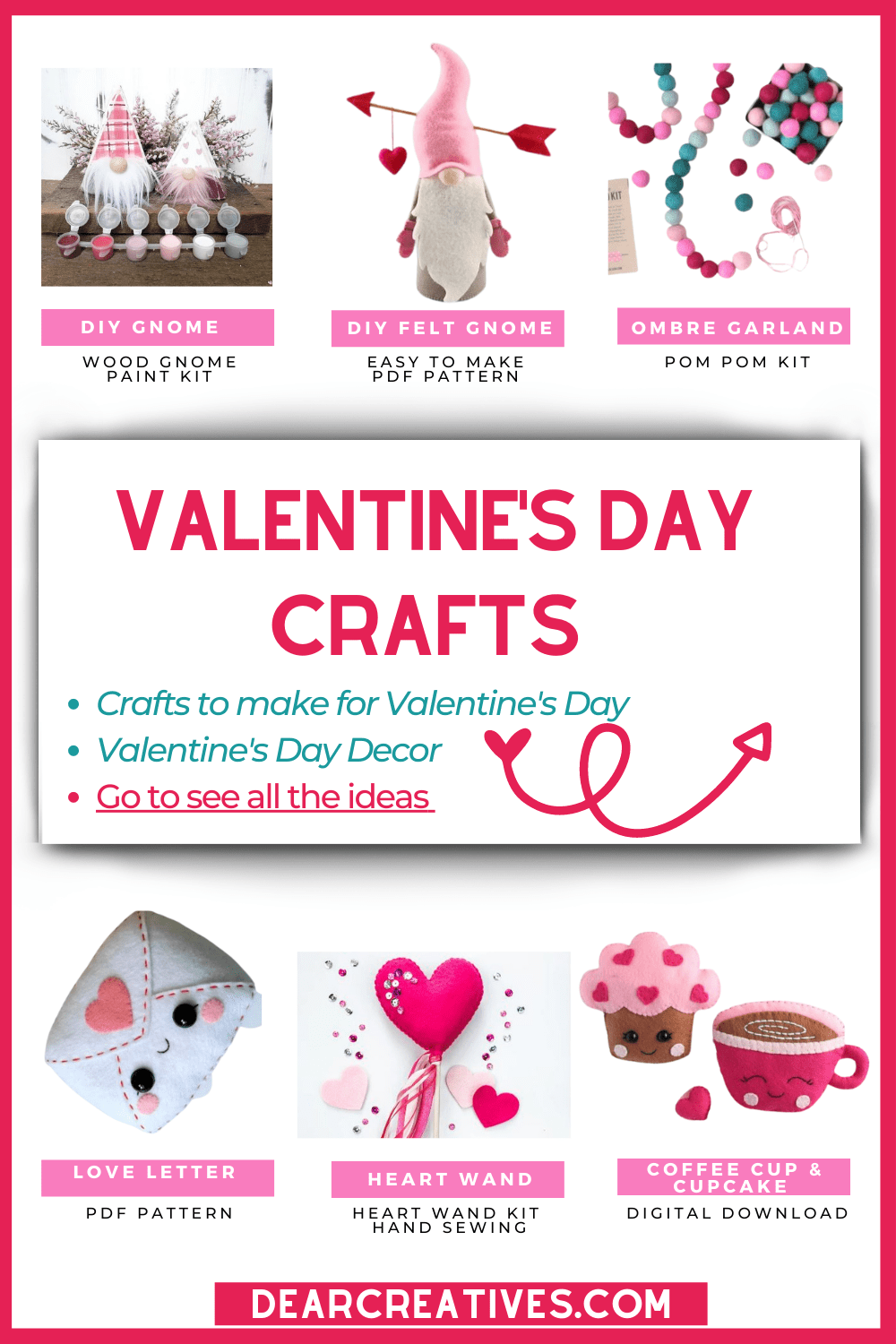 Valentine's Day Felt Crafts and Crafts To Make For Valentine's Day - PDF patterns, kits, garlands, ornaments, decor... DearCreatives.com