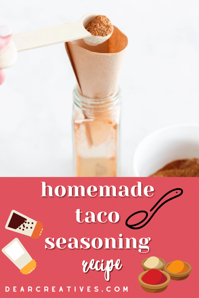 Homemade Taco Seasoning Recipe - This is an easy DIY homemade taco seasoning mix. Flavorful spices for beef, chicken, fish ... spices for tacos... DearCreatives.com