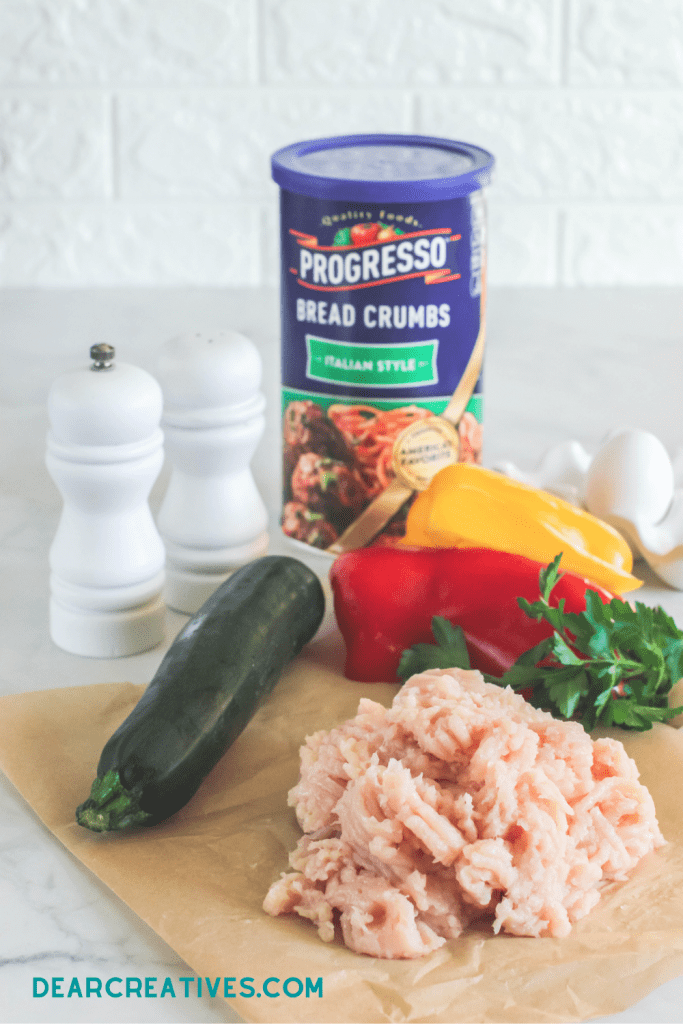 Ingredients - ground chicken, bread crumbs, bell pepper, zucchini, egg, salt and pepper... Print the recipe at DearCreatives.com