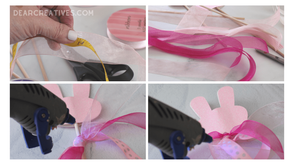 Adding ribbons and gluing them to the wands - Bunny Wands craft project - DearCreatives.com