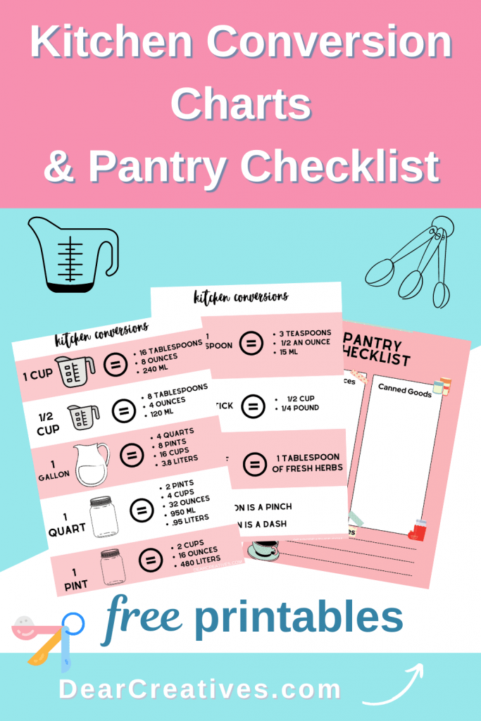 Kitchen Conversion Charts - plus pantry checklist - Grab these free printables to use and help you in the kitchen! Cooking and baking conversion chart - Find out more ©2022 DearCreatives.com