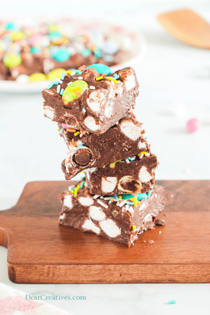 Chocolate Fudge Recipe - chocolate fudge with chocolate candy-coated eggs and sprinkles - © DearCreatives.com