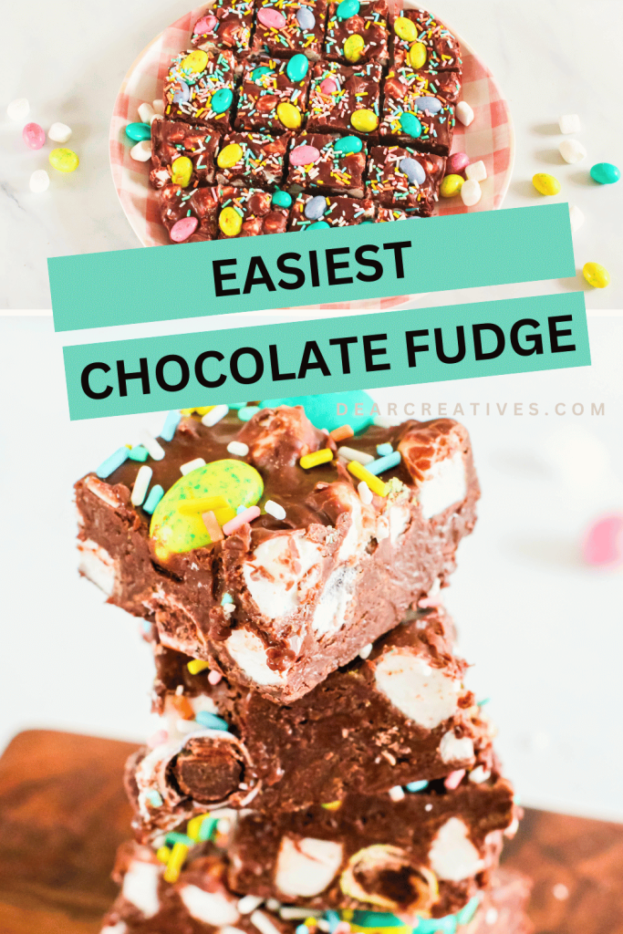 Easter chocolate fudge squares on a plate with pastel M&Ms and sprinkles and a second image of the same chocolate fudge stacked on a cutting board text on bright overlay saying easiest chocolate fudge