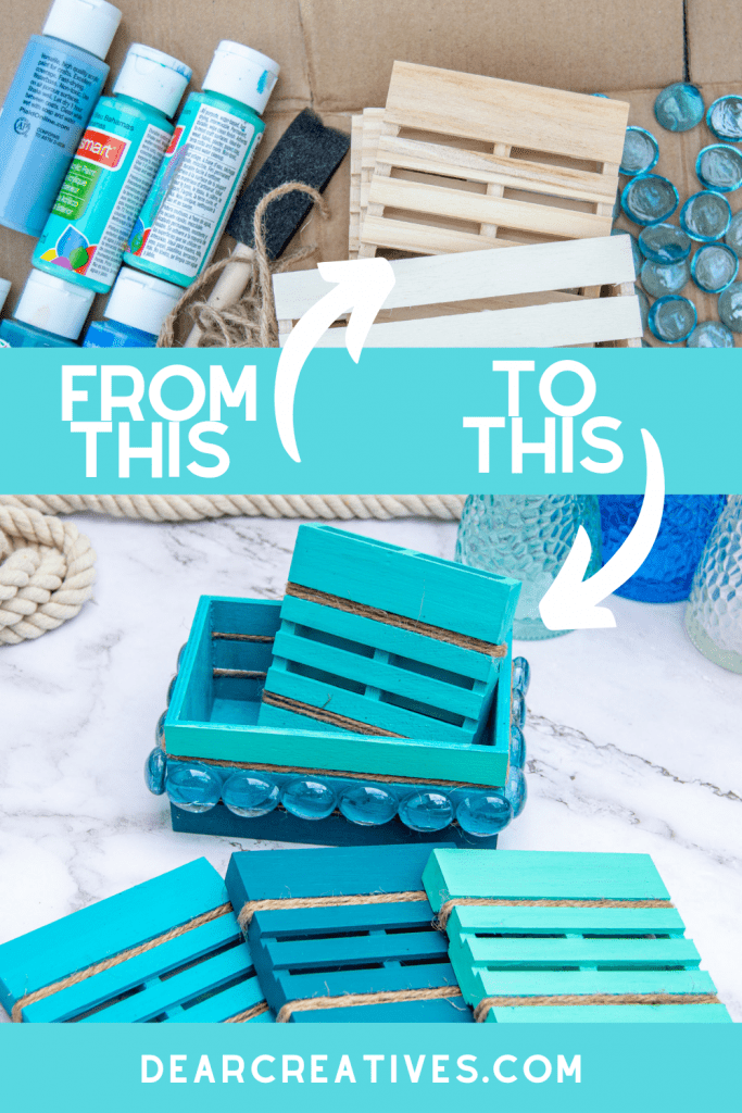 Fun and easy craft! Spring craft, summer craft, beach themed craft, DIY Coasters - Decorate Mini Wood Pallets and a storage box... DearCreatives.com