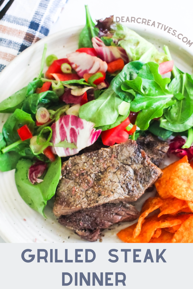 Grilled Steak Dinner - Add steak seasonings, grill, let the meat rest a few minutes. Serve with side dishes for grilled steak and enjoy! Get the quick and easy grilled steak dinner recipe at DearCreatives.com