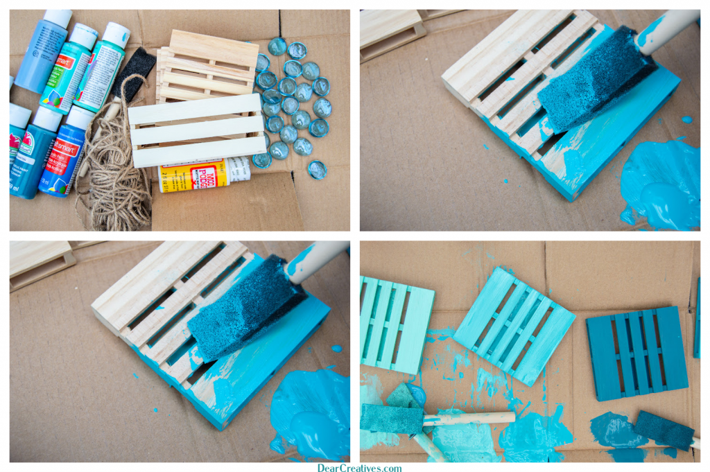Steps for painting the mini wood pallets - DIY Coastal Coasters - See the finished look and how to at DearCreatives.com