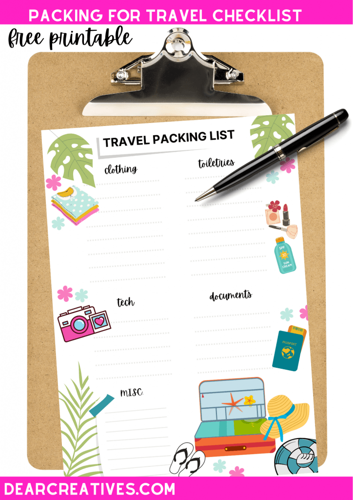 Travel Packing Checklist -Find this helpful printable and more at DearCreatives.com Free Printables