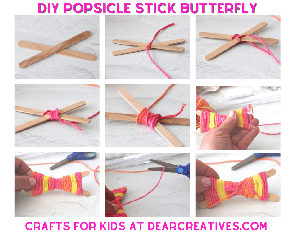 Butterfly Craft With Popsicle Sticks - use craft sticks, yarn, pipe cleaner, pom poms, glue, and scissors. How how easy it is to make this kids craft! See the step-by-step tutorial with images at DearCreatives.com