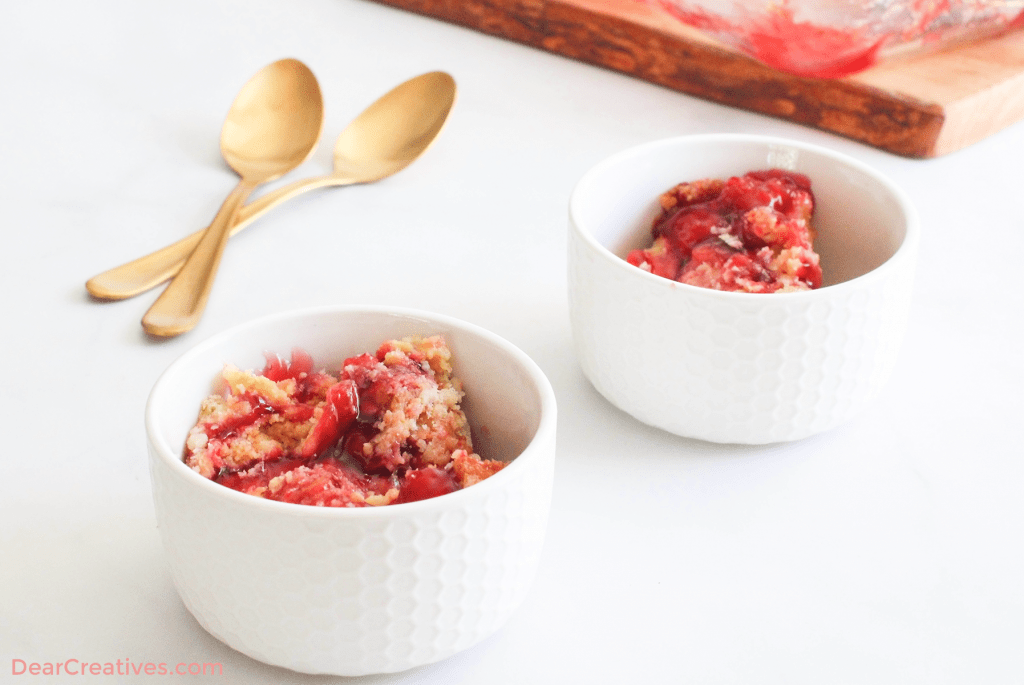Cherry Dump Cake in dessert cups ready to have topping added - Print the recipe at DearCreatives.com ©2022 DearCreatives.com Theresa Huse