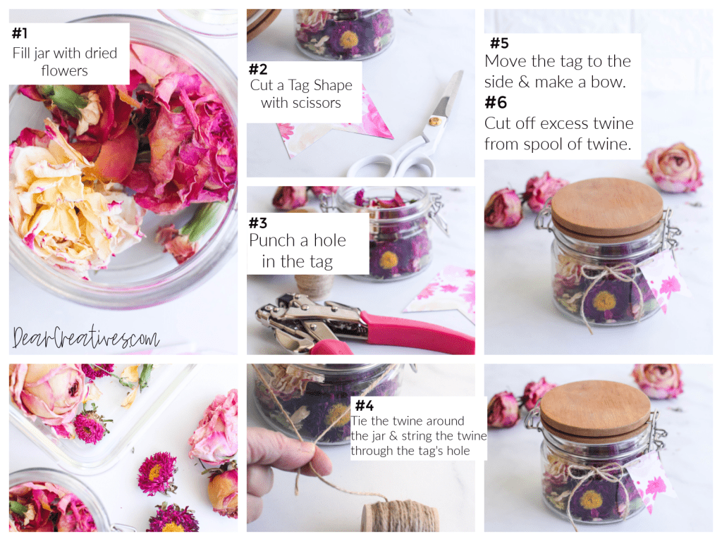 How to make a potpourri gift in a jar. See the entire how to and step by step tutorial plus tips at DearCreatives.com